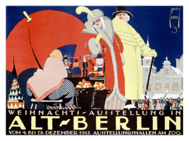 Plakat für eine Zirkusveranstaltung in Berlin, Deutschland, mit einer farbenfrohen Illustration von Menschen, Gebäuden und Gegenständen und der Aufschrift "Weihnachtsausstellung in Alt-Berlin" oben drauf.