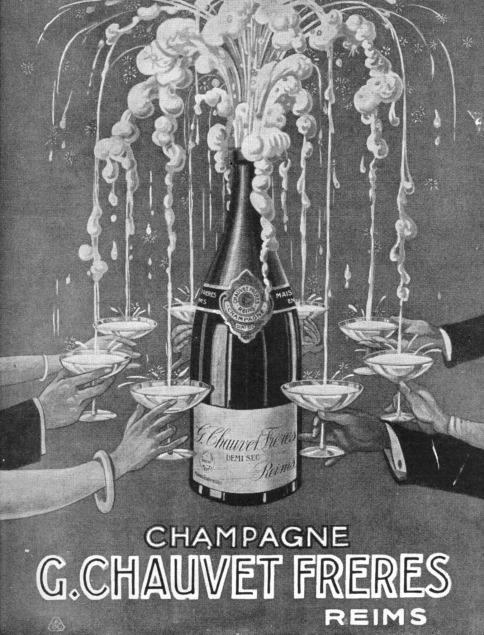 Schwarze und weiße Werbung für G. Chauvet Frères Reims-Champagner mit einer zentralen Flasche, umgeben von Menschen mit Champagnergläsern und dekorativem Text unten.