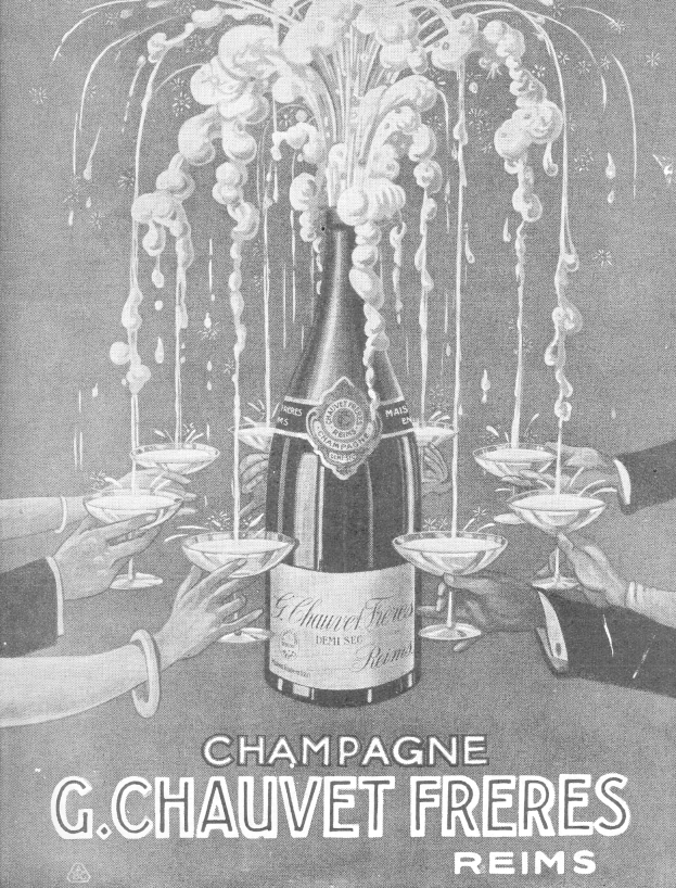 Schwarze und weiße Werbung für G. Chauvet Frères Reims-Champagner mit einer zentralen Flasche, umgeben von Menschen mit Champagnergläsern und dekorativem Text unten.