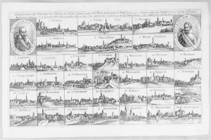 Eine Schwarz-Weiß-Zeichnung von Köln, Deutschland, mit zahlreichen Gebäuden und begleitendem Text und Bildern, die die Geschichte der Stadt erzählen.