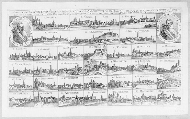 Eine Schwarz-Weiß-Zeichnung von Köln, Deutschland, mit zahlreichen Gebäuden und begleitendem Text und Bildern, die die Geschichte der Stadt erzählen.