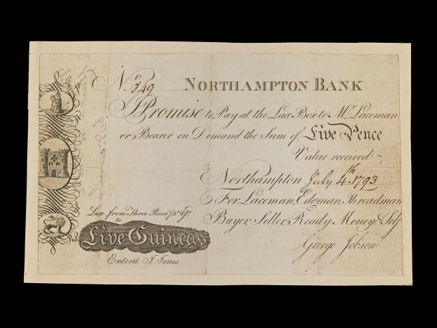 Ein alter Banknote aus Northampton mit einem Porträt eines Mannes und Text, der Informationen über die Bank enthält.
