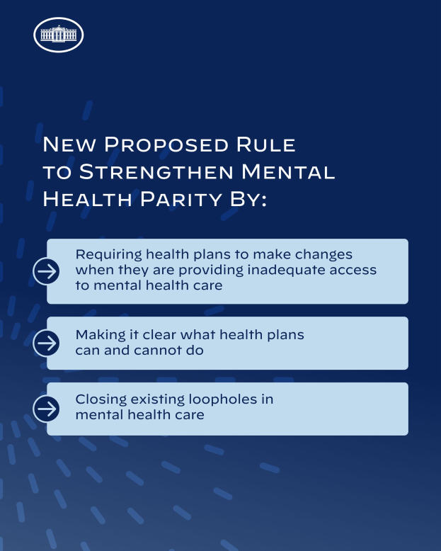 Ein blauer Hintergrund mit weißer Schrift, die eine neue vorgeschlagene Regel zur Stärkung der psychischen Gesundheit umrandet, und ein weißes Kreis-Logo mit blauer Umrandung.