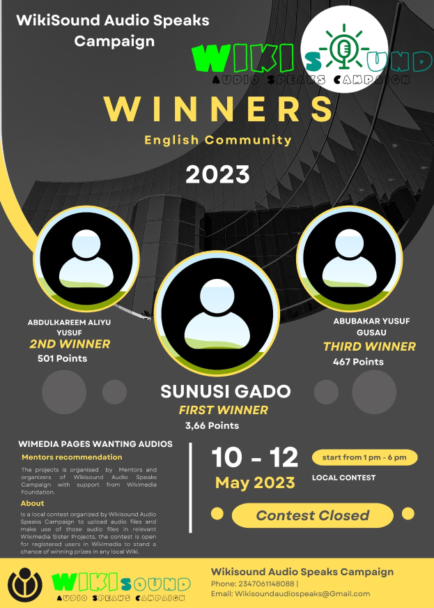 Ein buntes Plakat mit einem blauen Hintergrund und gelben und wei├čem Text, der in Fettschrift 'Gewinner' lautet, mit mehreren lachenden Menschen in der Mitte.