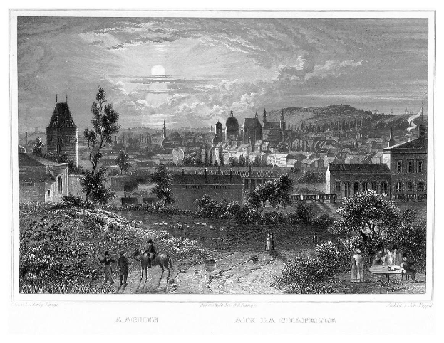Eine Schwarzweiß-Radierung einer Stadtansicht mit Vollmond, die Bäume, Pflanzen, Menschen und Gebäude zeigt, mit dem Text 'Aachen, die Hauptstadt Deutschlands' unten.