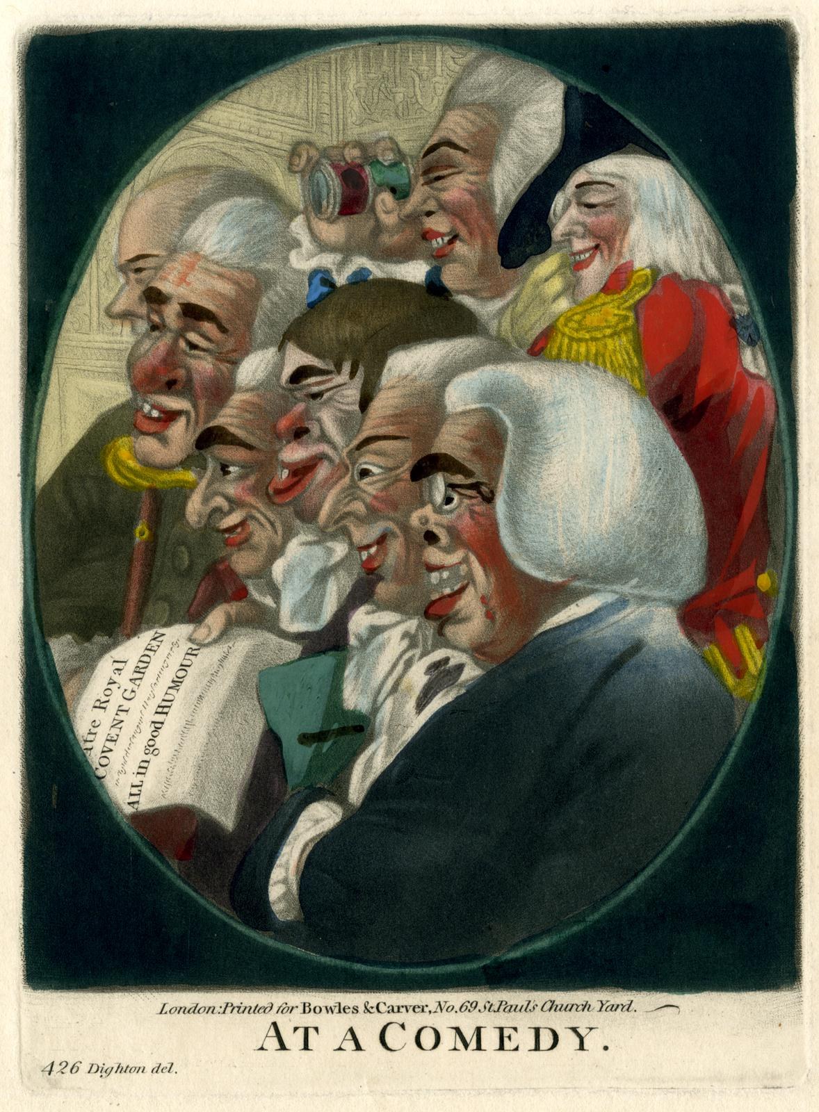 Eine Gruppe von Menschen, die in einem Kreis stehen und lachen, wobei eine Person ein Blatt Papier hält und unten ein Text steht, der 'Bei einer Komödie' lautet.