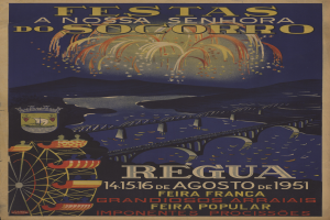 Plakat für ein Festival in Brasilien, das eine Brücke, Wasser, Hügel und Feuerwerk zeigt, mit Texten, die Informationen zum Festival geben.