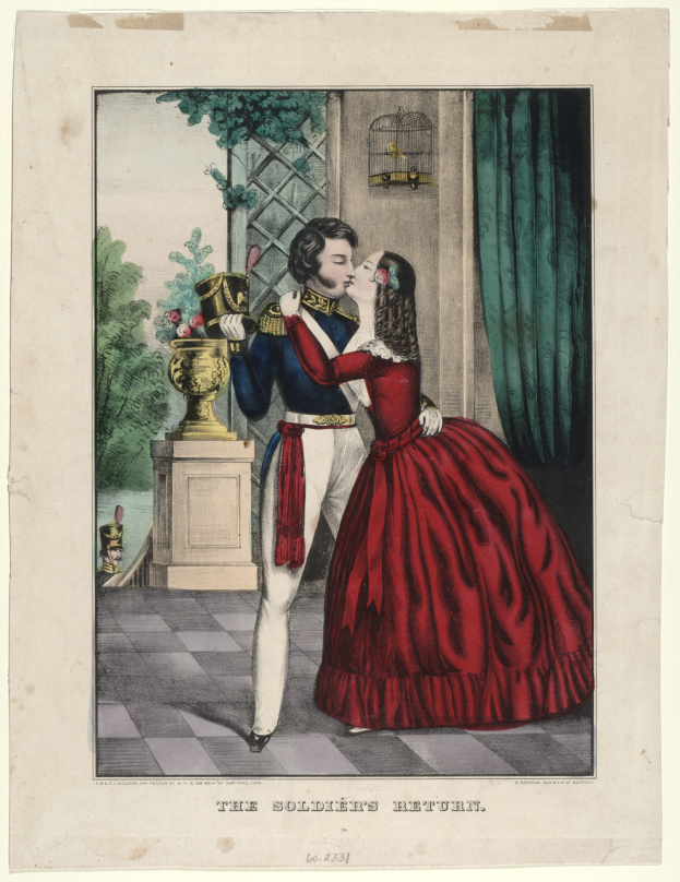 Ein Mann und eine Frau in einem roten Kleid umarmen und küssen sich vor einem Fenster, mit einer Blumenvase auf einem Podest im Vordergrund, Bäumen im Hintergrund und einem Vorhang auf der rechten Seite.