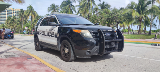 Polizeifahrzeug am Straßenrand geparkt mit Menschen, Fahrrädern, Gras, Bäumen, Gebäuden und einem klaren blauen Himmel im Hintergrund; Vorderrad zeigt Einsatzbereitschaft an.