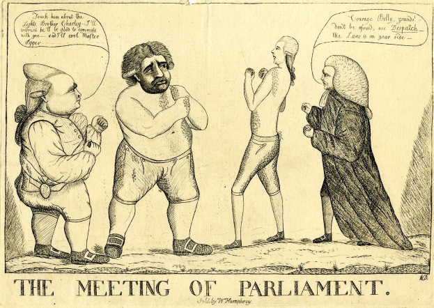 Eine Zeichnung von drei Menschen, die stehen und diskutieren, mit einer Person, die animiert gestikuliert, beschriftet mit "Die Parlamentssitzung" unten.