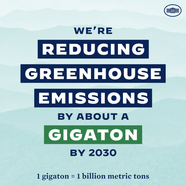 Plakat mit Text und Logo, auf dem "Wir reduzieren die Treibhausgasemissionen um etwa eine Gigatonne bis 2030" steht und für eine signifikante Reduzierung der Treibhausgasemissionen bis 2030 wirbt.