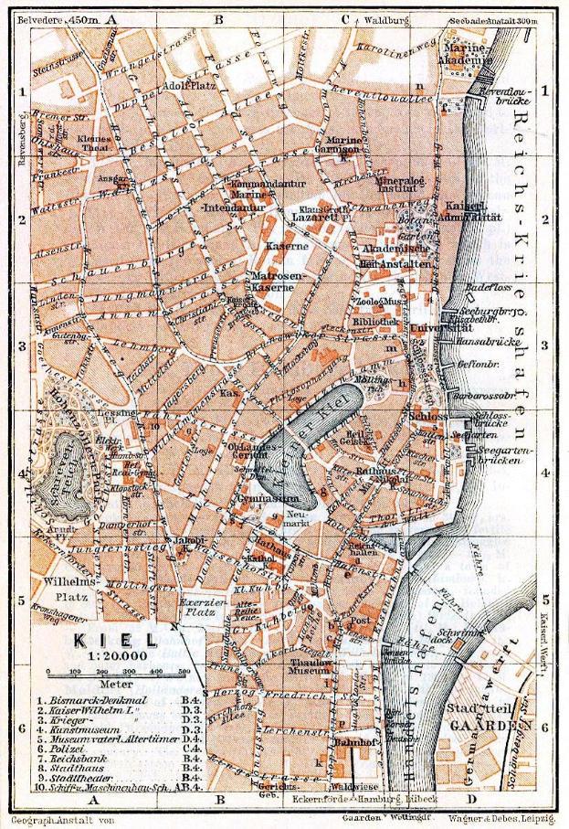Detailiertes altes Stadtplan von Kiel, Deutschland, zeigt Straßen, Gebäude und Sehenswürdigkeiten mit Text oben und unten.