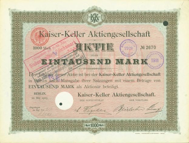 Altes deutsches Aktienzertifikat der Kaiser-Keller-Aktiengesellschaft mit gedrucktem Text und offiziellen Stempeln.