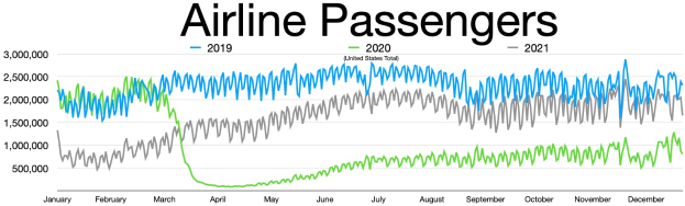 Eine Liniengraphik, die die Anzahl der Fluggesellschaften in den Vereinigten Staaten von 2019 bis 2021 zeigt, mit begleitendem Erläuterungstext.