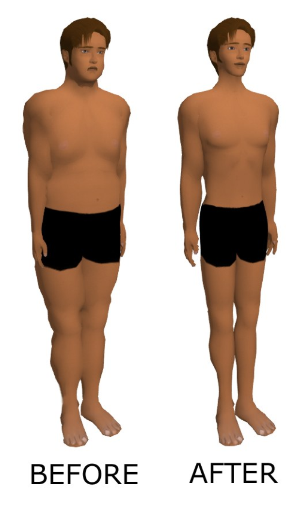Animierter Mann in schwarzen Shorts vor und nach Gewichtsverlust auf weißem Hintergrund, mit Textüberblattung.