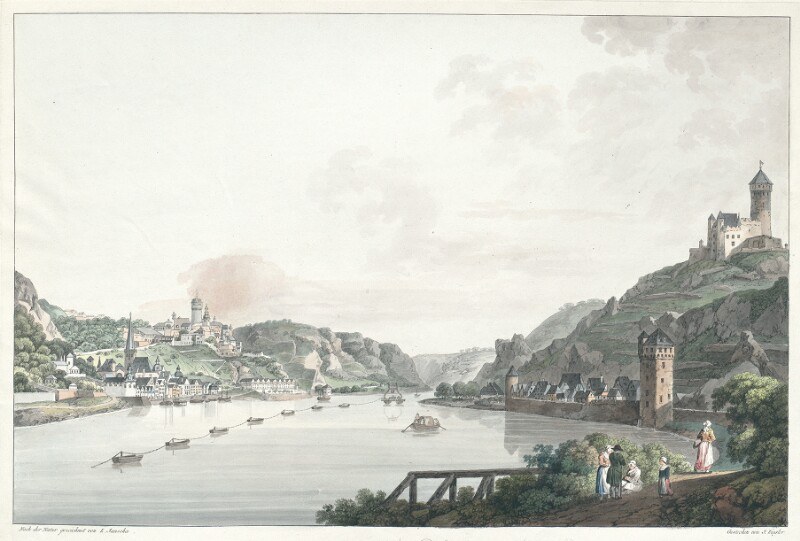 Malerei des Rheins in Nordrhein-Westfalen, Deutschland, mit Booten, einer Brücke, Menschen, Bäumen, Gebäuden, Hügeln und einem Himmel im Hintergrund, mit der Beschriftung "Rhein, Nordrhein-Westfalen, Deutschland" unten.