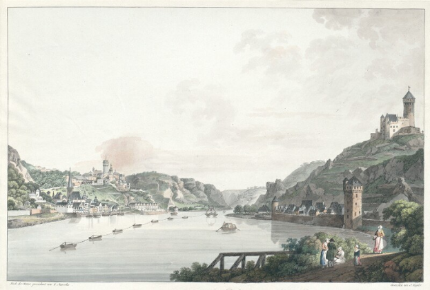 Malerei des Rheins in Nordrhein-Westfalen, Deutschland, mit Booten, einer Brücke, Menschen, Bäumen, Gebäuden, Hügeln und einem Himmel im Hintergrund, mit der Beschriftung "Rhein, Nordrhein-Westfalen, Deutschland" unten.