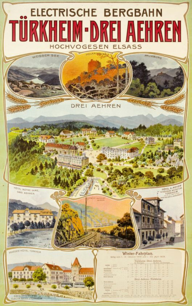 Ein Plakat, das die elektrische Stadt Bergbahn, Deutschland, bewirbt und Bilder von Gebäuden, Bäumen, Hügeln und beschreibendem Text enthält.