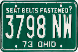 Grünes Ohio-Kennzeichen mit weißer Schrift "Sicherheitsgurte angelegt?" auf einem weißen Hintergrund.