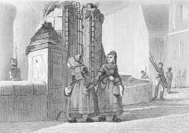 Schwarz-Weiß-Gravur Von Zwei Frauen, Die Vor Einem Gebäude Stehen, Mit Einigen Anderen Leuten Im Hintergrund, Betitelt Mit "Victorian Women In The City Of London."