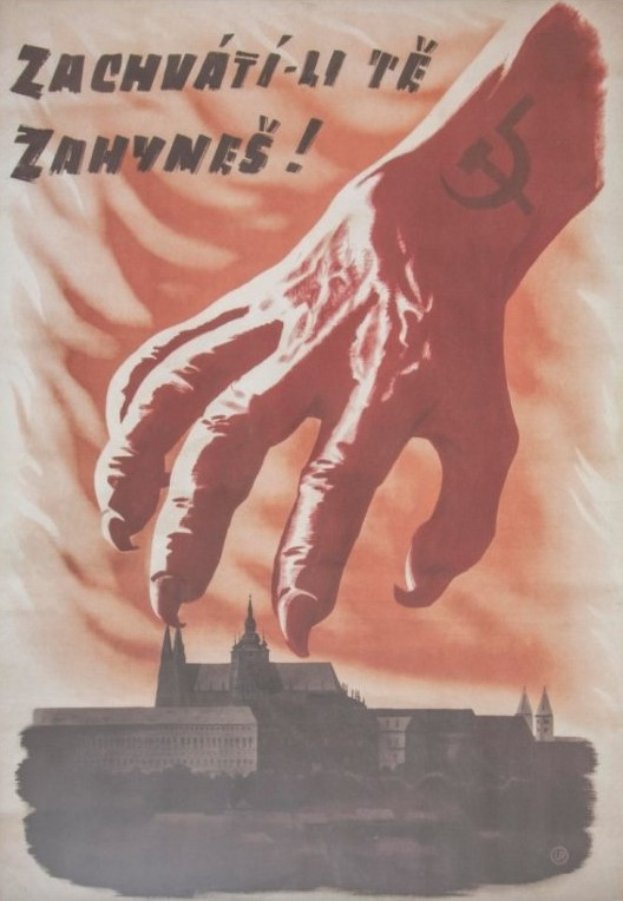 Eine Hand mit Hammer und Sichel streckt sich einem Gebäude mit der Aufschrift "Zachvati-li te zanynes" entgegen, was Dringlichkeit und Gefahr suggeriert.