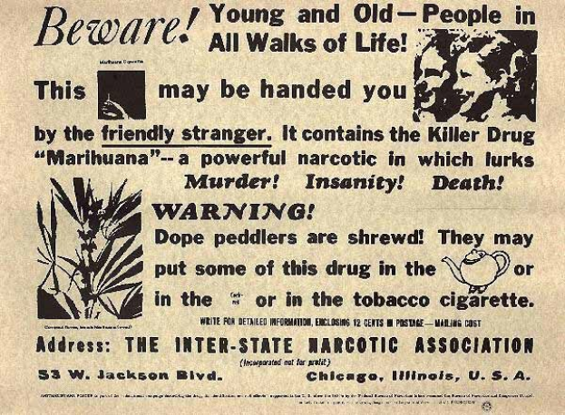 Schwarze und weiße Zeitungsanzeige für die Inter-State Narcotic Association mit einem Mann und einer Frau, mit der Warnungstext "Vorsicht, jung und alt in allen Lebensbereichen".