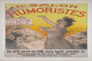 Plakat für den Salon des Humoristes in Paris mit einer Frau in der Mitte einer Menschenmenge und begleitendem Text