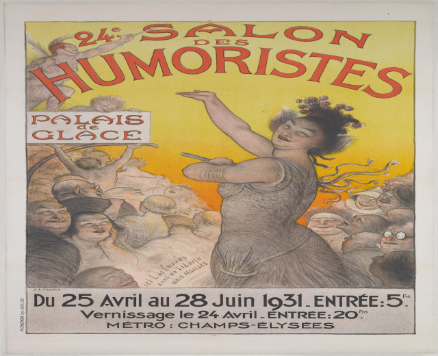 Plakat für den Salon des Humoristes in Paris mit einer Frau in der Mitte einer Menschenmenge und begleitendem Text