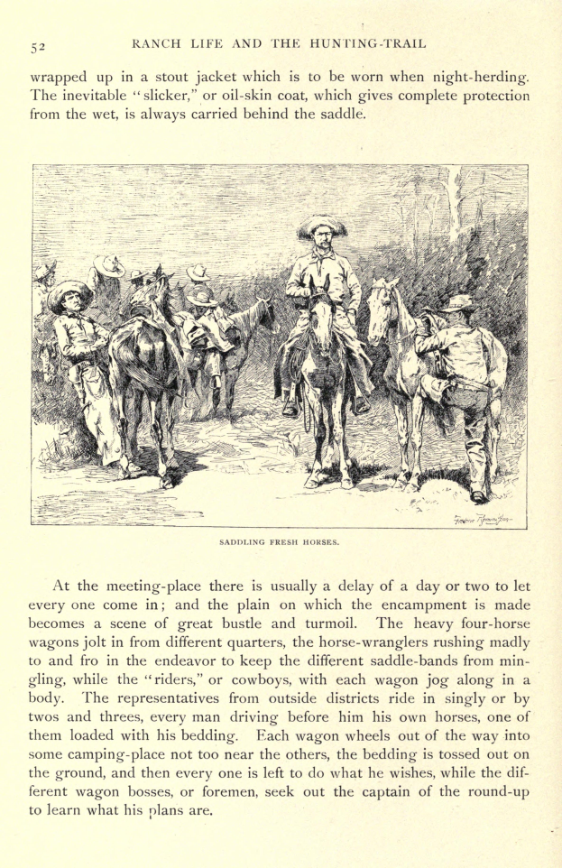 Eine Buchseite mit dem Titel "Ranch Life and the Hunting Trail" und einer Zeichnung von Menschen in Cowboyhüten und -stiefeln, die auf galoppierenden Pferden über eine grüne Wiese reiten.