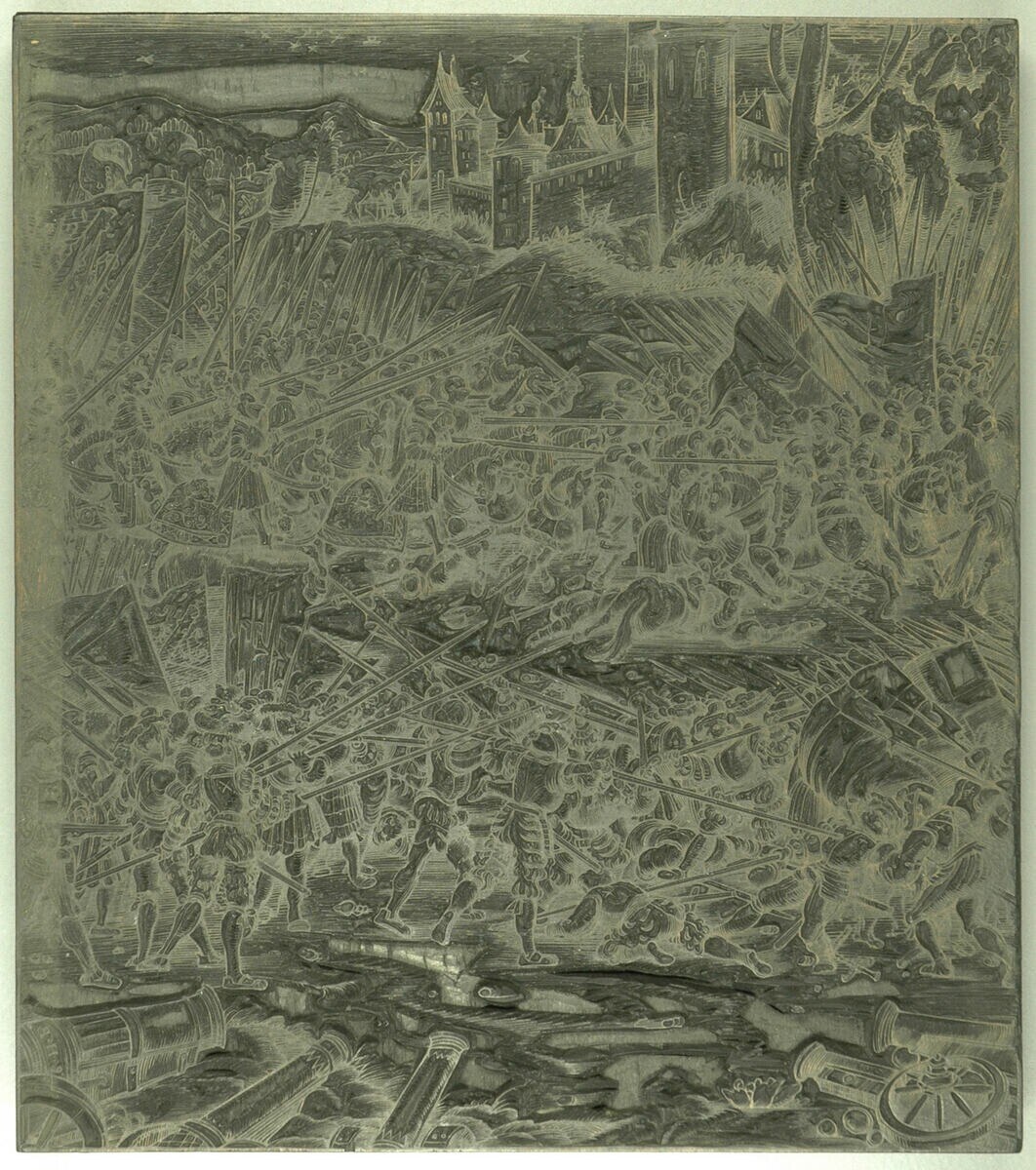 Schwarzes und weißes chaotisches Bild mit beunruhigten Menschen, die rennen, hohen Gebäuden, verstreuten Gegenständen und Text unten.