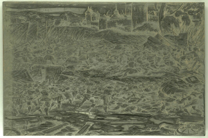 Schwarzes und weißes chaotisches Bild mit beunruhigten Menschen, die rennen, hohen Gebäuden, verstreuten Gegenständen und Text unten.