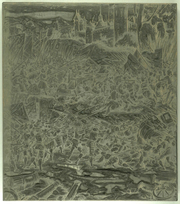 Schwarzes und weißes chaotisches Bild mit beunruhigten Menschen, die rennen, hohen Gebäuden, verstreuten Gegenständen und Text unten.