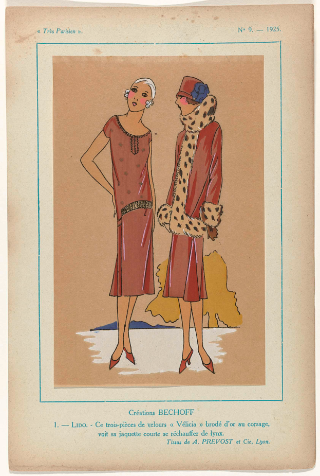 Zwei Frauen in 1920er-Jahre-Kleidung, eine in einem roten Kleid und die andere in einem Leopardenmantel, stehen auf einem Papier mit Text und Zahlen, die sich auf die 1920er-Jahre-Kleidung beziehen.