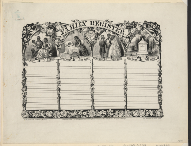 Schwarz-weißes Familienstammbuch mit Gruppenfoto in der Mitte und handgeschriebenen Texten, die Familiendetails bereitstellen.