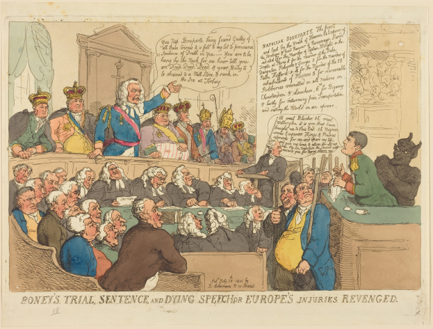 Eine Karikatur einer Gerichtsszene mit einer Gruppe von Menschen, die sitzen, und einem Mann in der Mitte, einem Tisch mit Gegenständen rechts und Text unten, der "Boney's Trial, Sentence, and Dying Speech Europe's Injuries Revenged" lautet.