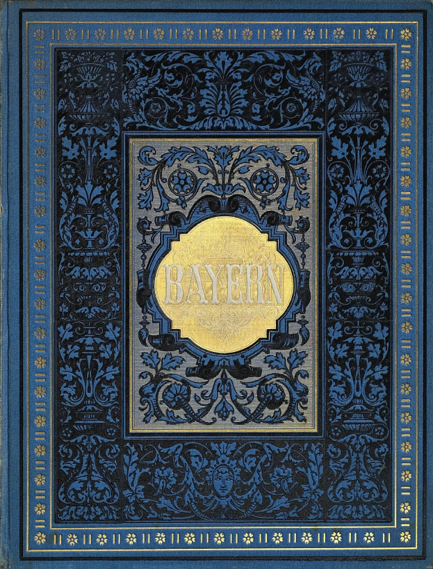 Ein blau-goldenes Buch mit dem Wort 'Bayern' auf dem Cover, das mit detaillierten Dekorationen verziert ist.