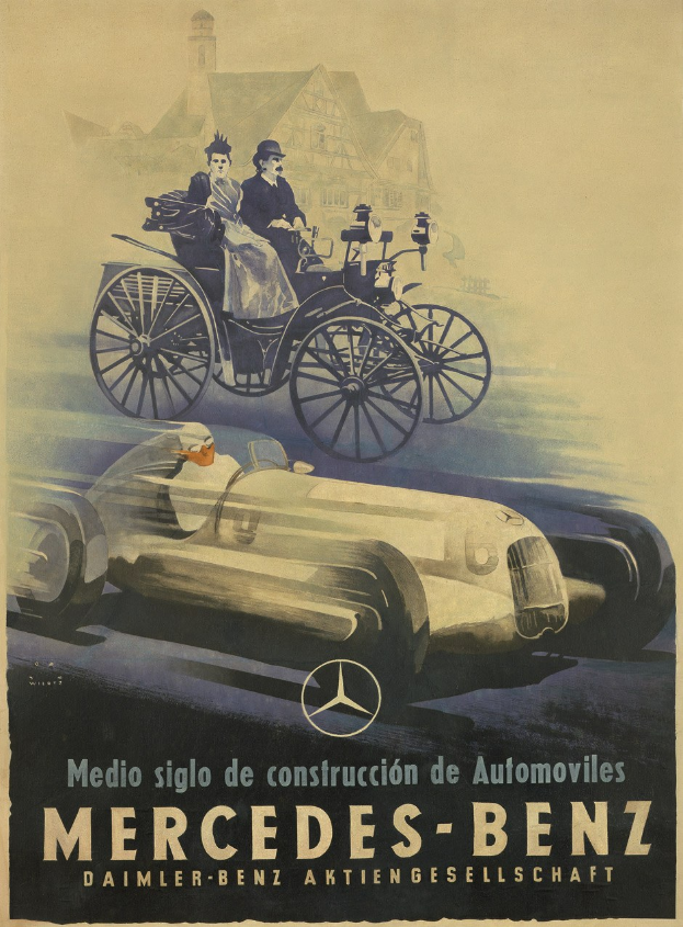 Vintage Mercedes-Benz-Werbung aus den 1930er Jahren mit einem Plakat, das ein Auto, zwei Personen im Innern und ein Geb├Ąude im Hintergrund zeigt, begleitet von beschreibendem Text.
