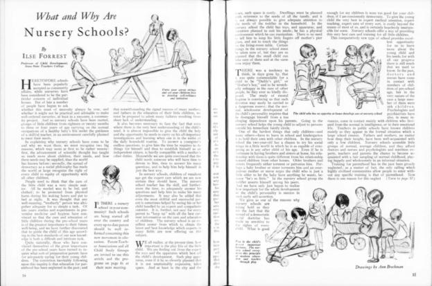 Ein aufgeschlagenes Buch mit einer Zeichnung von spielenden Kindern in einer Kita, begleitet von Text, Bildern und einer Tabelle mit verschiedenen Gegenständen.