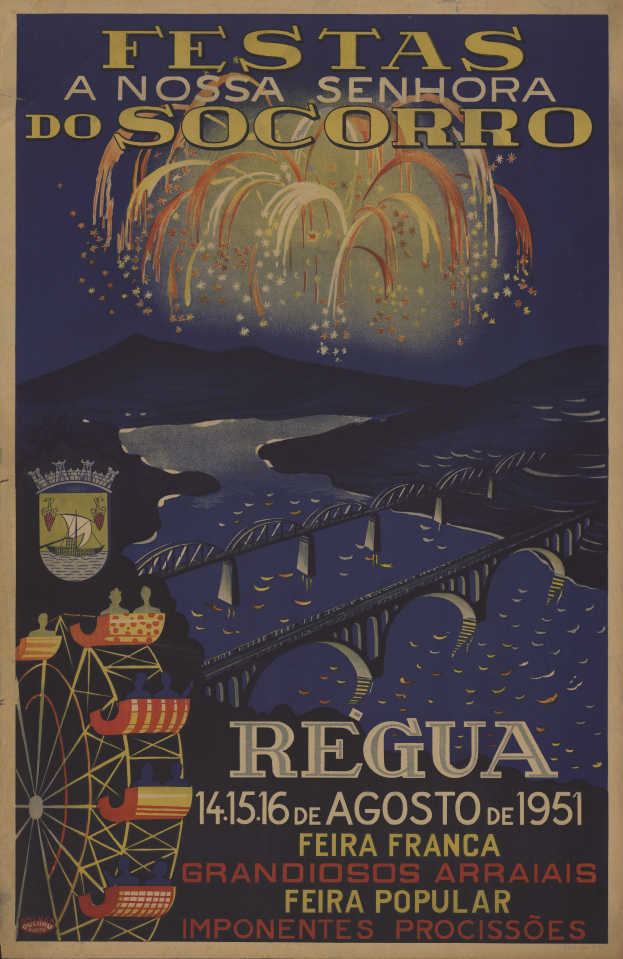 Plakat für ein Festival in Brasilien, das eine Brücke, Wasser, Hügel und Feuerwerk zeigt, mit Texten, die Informationen zum Festival geben.