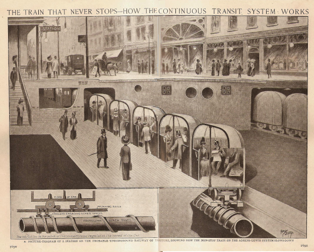 Ein Blatt mit Bildern von Menschen, Zügen und anderen Gegenständen sowie dem Text "Der Zug, der nie aufhört - wie das ständige Transit-System funktioniert".