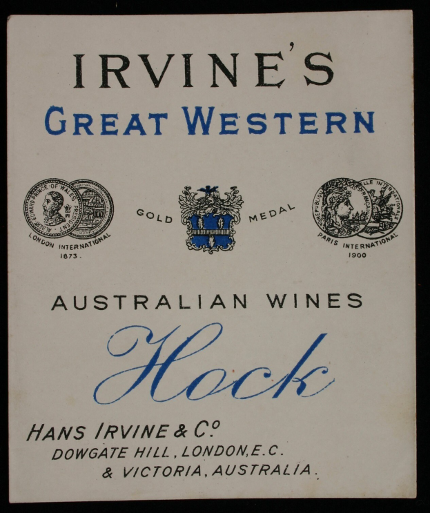 Plakat, das "Irvines Große Western Australische Weine Hock" mit Firmenlogos ankündigt, wahrscheinlich verschiedene Weinsorten beworben.