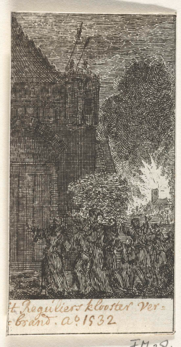 Eine schwarz-weiße Radierung einer Gruppe von Menschen vor einem Gebäude mit Bäumen im Hintergrund, betitelt mit "Rembrandt Harmensz van Rijn - Die Verbrennung der Kirche".