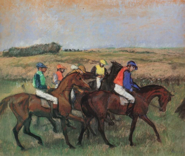 Gemälde von Jockeys auf galoppierenden Pferden, die in einem Feld mit Bäumen und einem hellblauen Himmel im Hintergrund rasen.