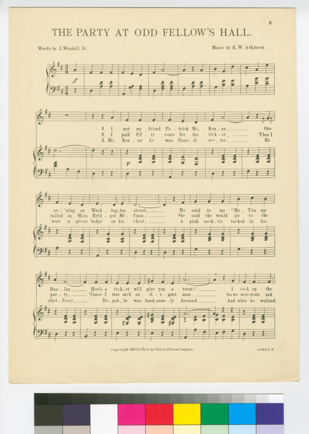 Ein Notenblatt mit dem Titel "Die Party im Odd Fellows Hall" mit einer Farbtafel am unteren Rand, die musikalische Noten und Symbole zeigt.