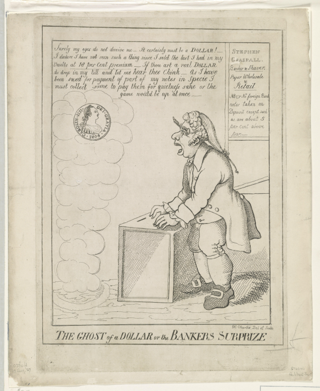 Eine Zeichnung einer Person, die vor einer Kiste steht und ängstlich nach oben schaut, mit dem Text "The Ghost of a Dollar or the Bankers Surprize" darüber.