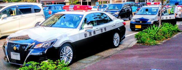 Ein Polizeiwagen am Straßenrand geparkt, umgeben von verschiedenen Gegenständen und einer Person, mit einem Van in der Nähe.