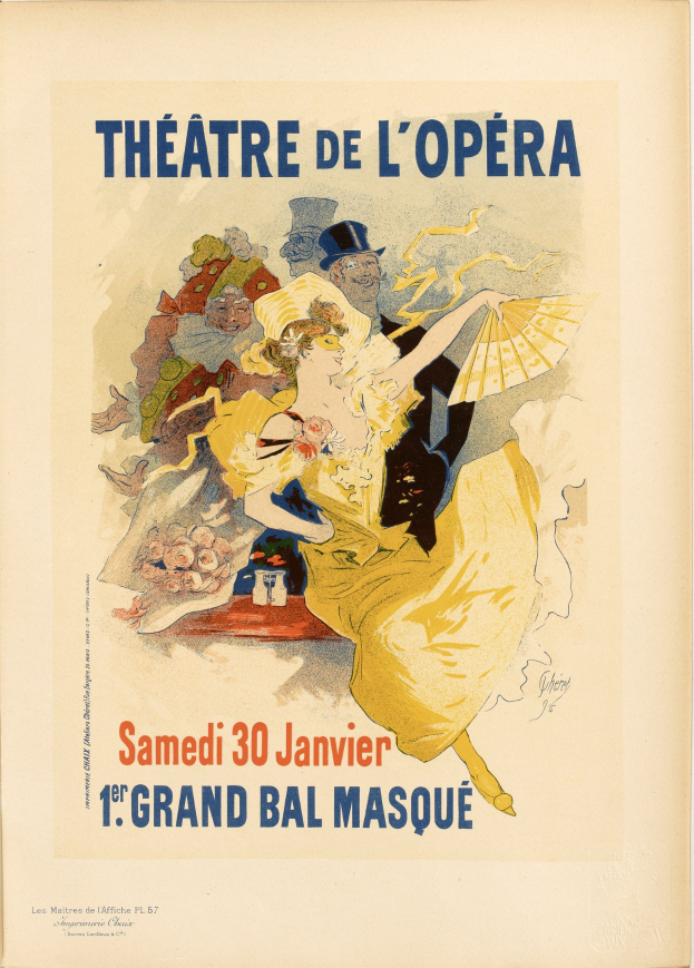 Plakat für das Théâtre de l'Opéra in Paris mit einem Gemälde einer Frau in einem weißen Kleid mit einem blauen Schal, ihre Haare zu einem Dutt gebunden, vor einem tiefblauen Hintergrund mit Sternen und schwarzer, fetter Schrift, die 'Theater der Oper' lautet.