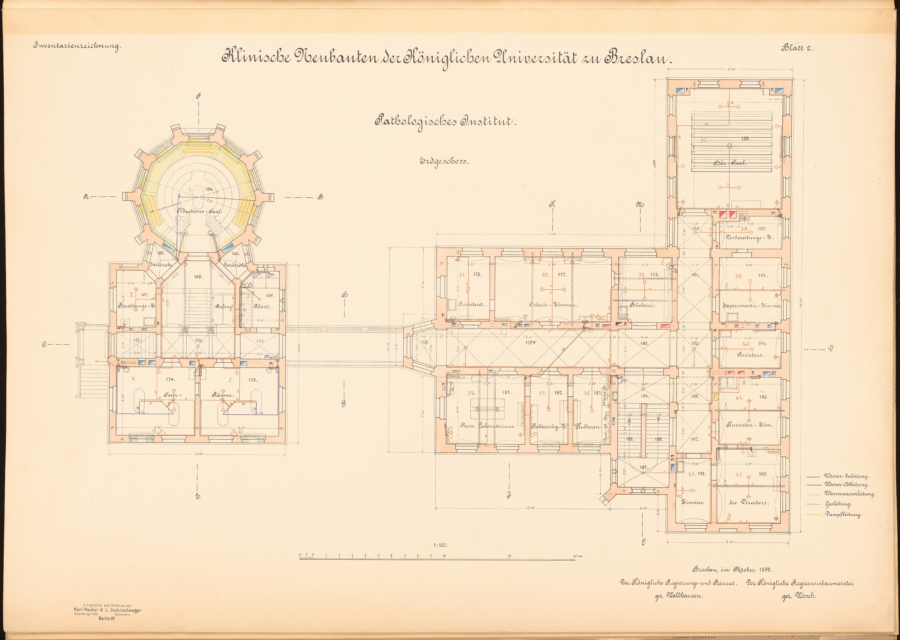 Ein detailliertes architektonisches Zeichnung eines mehrräumigen Gebäudes, einschließlich eines Grundrisses, der als Universität Dresden bezeichnet ist, mit begleitendem handgeschriebenem Text auf altem Papier.