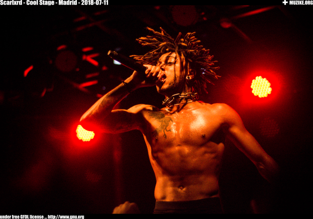 Ein Mann mit Dreadlocks singt ohne Hemd in ein Mikrofon auf der Bühne, mit Text oben und unten: "scarikrd - cooler Stage - Madrid 2018-07-11".