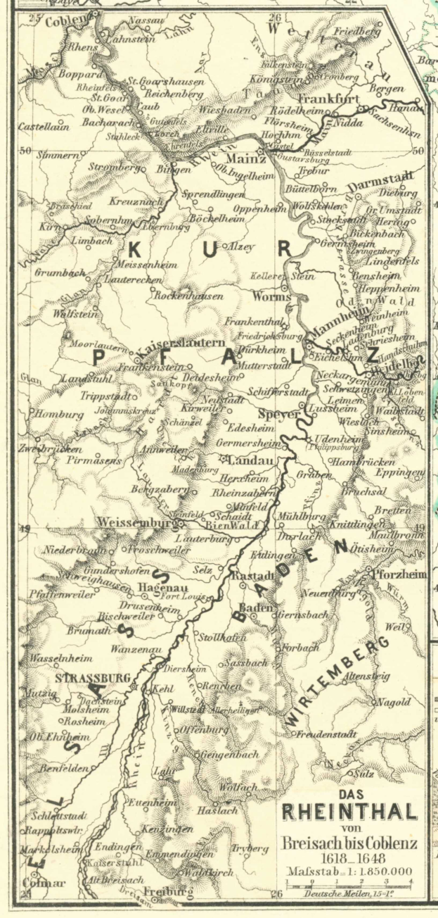 Ein detaillierter alter Plan der Rhine in Deutschland, der Flüsse, Städte und Gewässer zeigt, mit beschreibendem Text oben und unten.